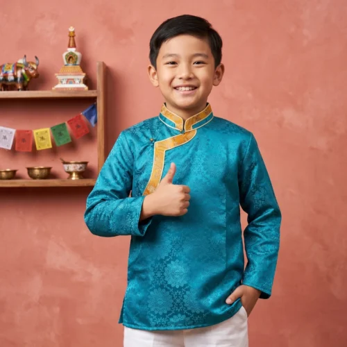 Boy wearing Turquoise Kids Khenja jacquard top with gold Tash Kuchin border thumbs up front view