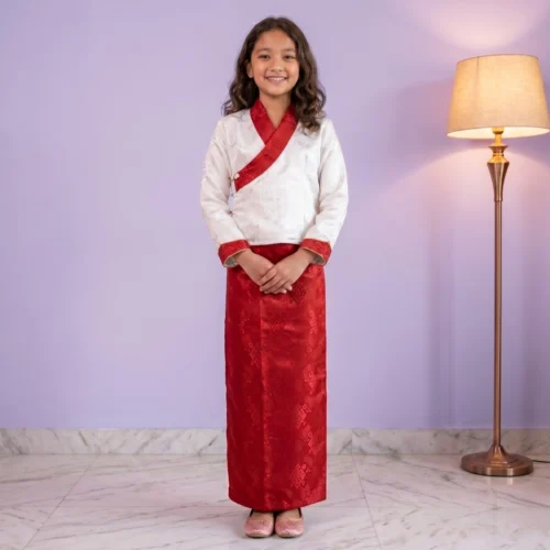 Girl wearing Red Kids Two Piece Bakhu jacquard set full body front view