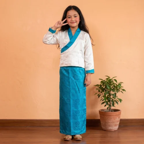 Girl wearing Sea blue Kids Two Piece Bakhu jacquard set full body front view