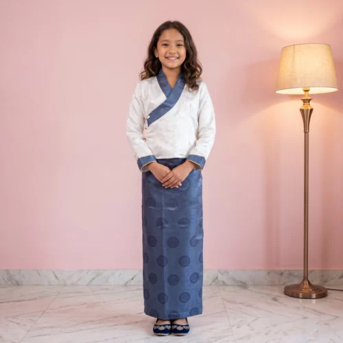 Girl wearing Steel blue Kids Two Piece Bakhu jacquard set full body front view