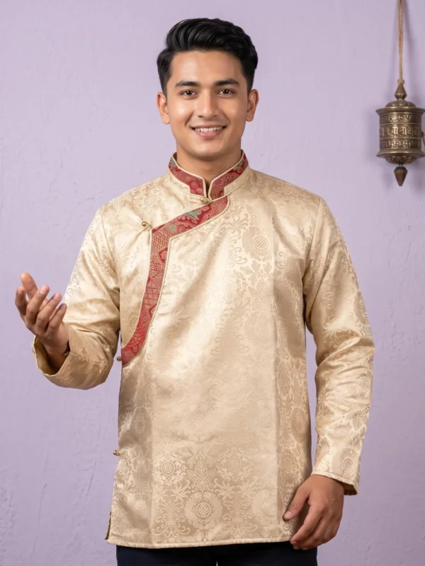 Man wearing beige jacquard Khenja with red Tash Kuchin border front view