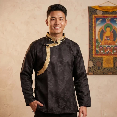 Man wearing black jacquard Khenja with gold Tash Kuchin border front view