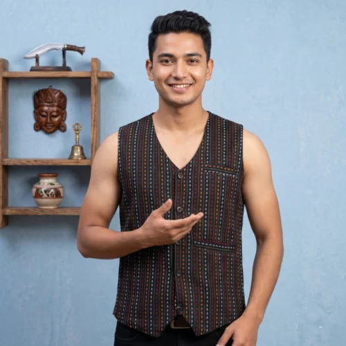 Man wearing black multi stripe Newari waistcoat front view with cultural backdrop