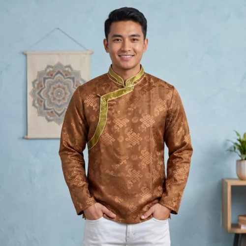 Man wearing brown jacquard Khenja with Tash Kuchin border front view