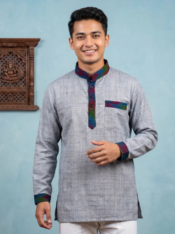 Man wearing grey shirting cotton Nepali Shirt with Dhaka trim full body front lifestyle shot