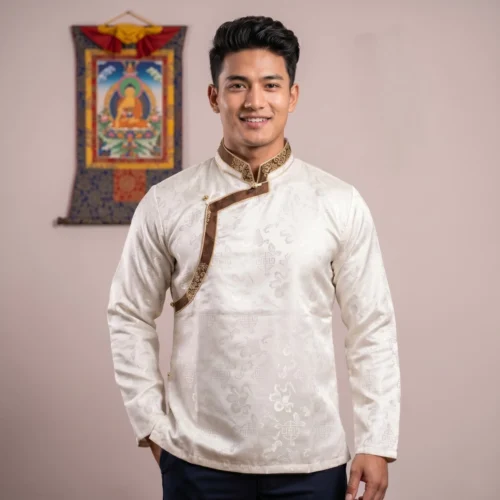 Man wearing ivory Akash Gola Khenja with brown brocade trim front view