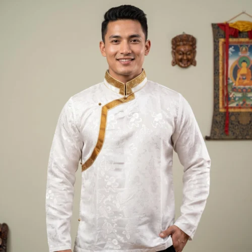 Man wearing ivory Akash Gola Khenja with gold brocade trim front view