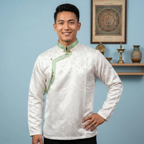 Man wearing ivory Akash Gola Khenja with sage green brocade trim front view
