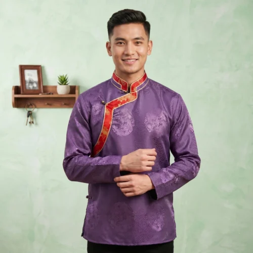 Man wearing lavender jacquard Khenja with Tash Kuchin border front view