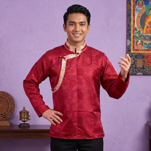 Man wearing red jacquard Khenja with gold Tash Kuchin border side view