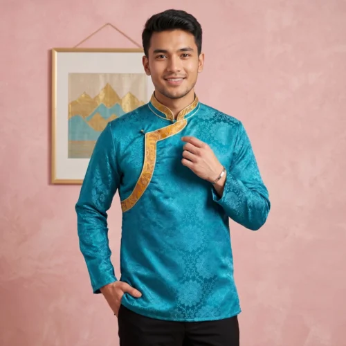 Man wearing turquoise jacquard Khenja with gold Tash Kuchin border front view