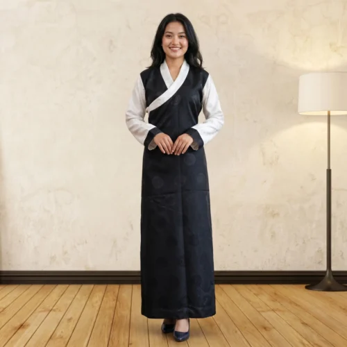 Woman wearing Black One Piece Bakhu dress with attached Wonju full body front view