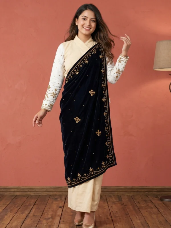 Woman wearing Black velvet Ghalek shawl with stone dotted border side view