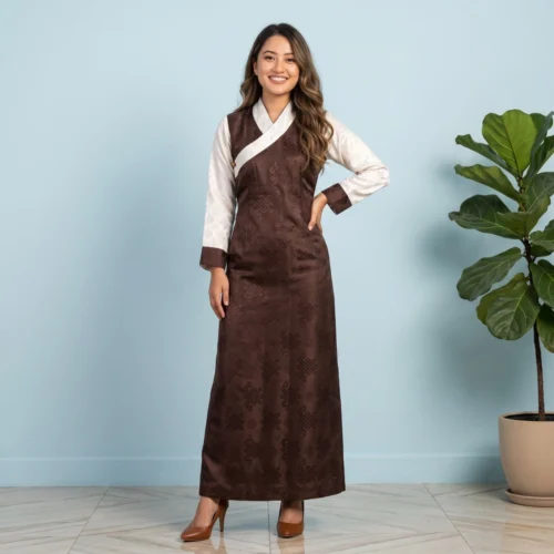 Woman wearing Brown One Piece Bakhu dress with attached Wonju full body front view