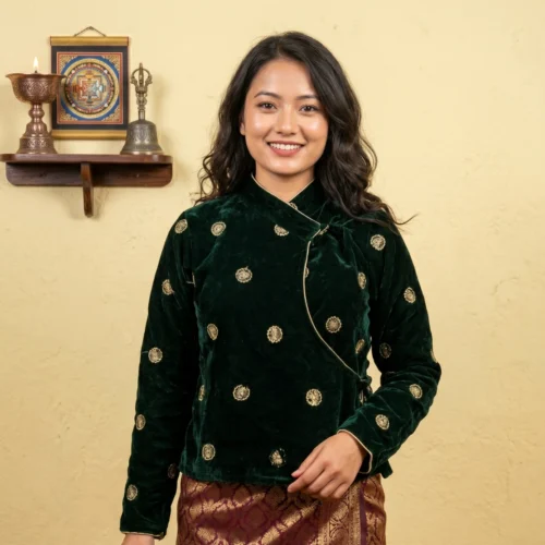 Woman wearing Deep green velvet Chaubandi Cholo with gold butti front view