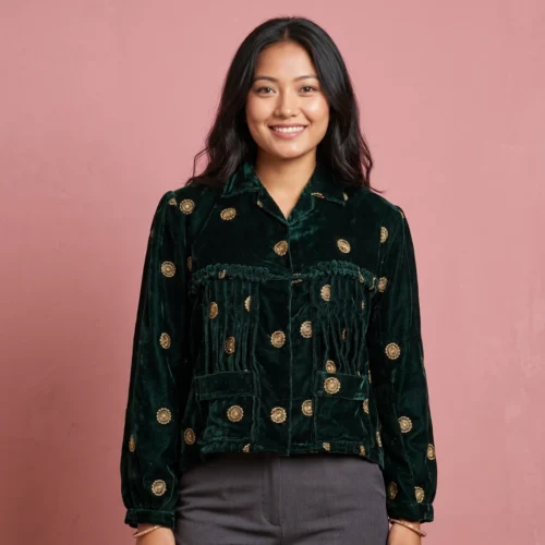 Woman wearing Emerald velvet Rai Cholo with handcrafted gold motifs full body front view