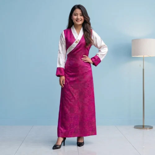 Woman wearing Fuchsia One Piece Bakhu dress with attached Wonju full body front view
