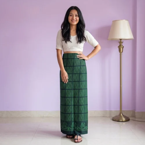 Woman wearing Green Gurung Pharia wrap skirt cotton checks full body front
