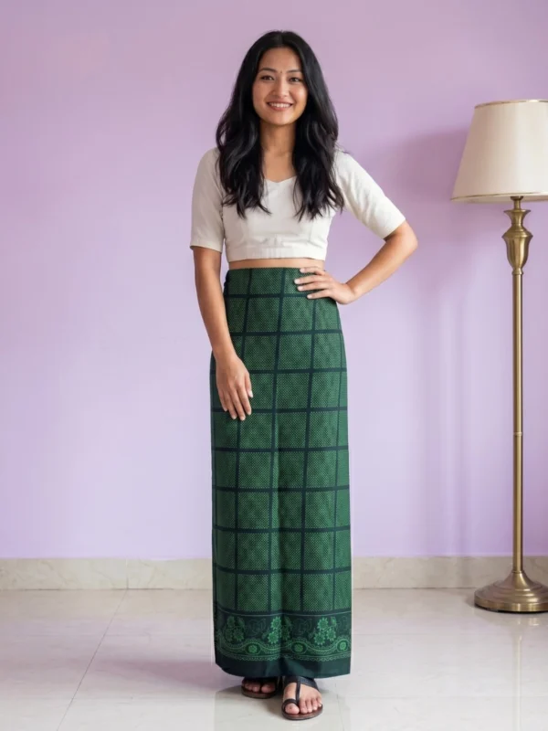 Woman wearing Green Gurung Pharia wrap skirt cotton checks full body front
