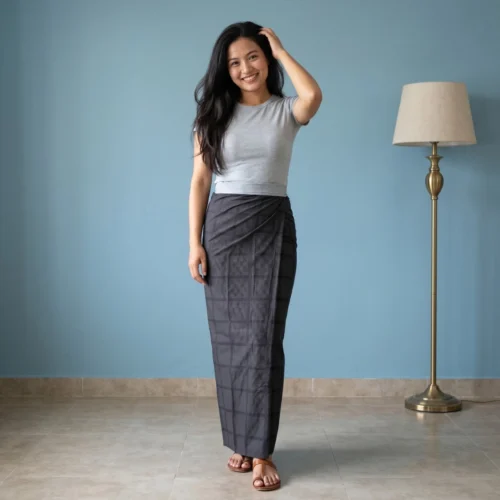 Woman wearing Grey Gurung Pharia wrap skirt cotton checks full body front