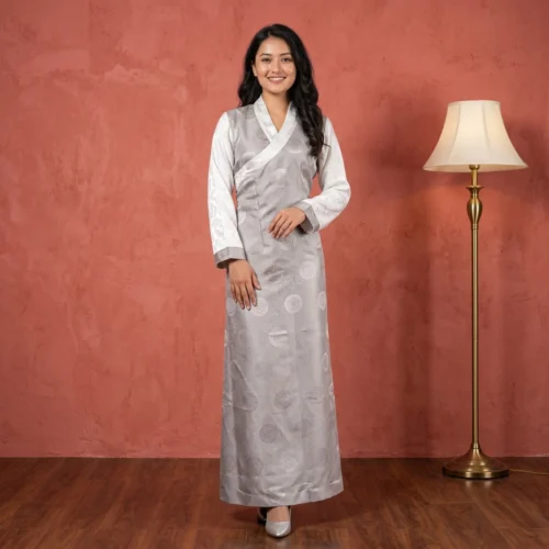 Woman wearing Grey One Piece Bakhu dress with attached Wonju full body front view