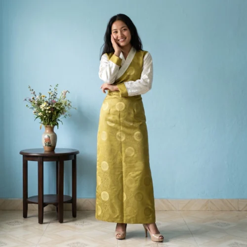 Woman wearing Lemon yellow One Piece Bakhu dress with attached Wonju full body front view