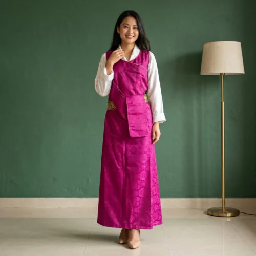 Woman wearing Magenta jacquard Lepcha Gada wrap dress full body front view