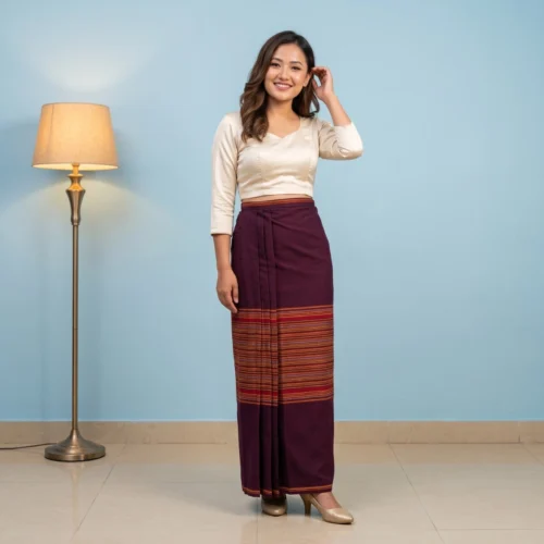 Woman wearing Maroon cotton striped Tamang wrapper Phariya skirt full body front view