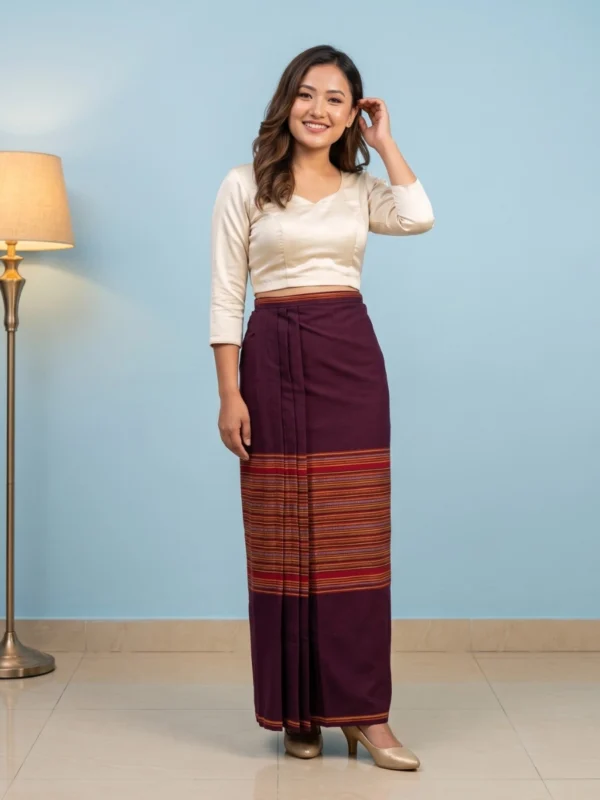Woman wearing Maroon cotton striped Tamang wrapper Phariya skirt full body front view