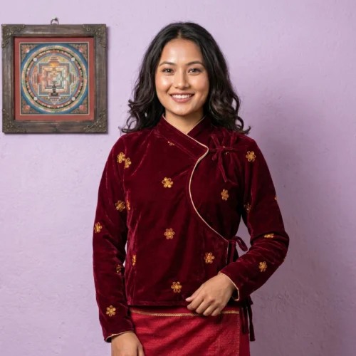 Woman wearing Maroon velvet Chaubandi Cholo with gold butti front view
