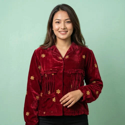 Woman wearing Maroon velvet Rai Cholo with handcrafted gold motifs full body front view