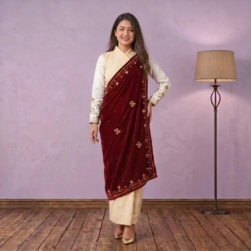 Woman wearing Maroon velvet stone dotted Ghalek shawl full body front view