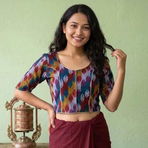 Woman wearing Mixed Subba Limbu cotton handloom print blouse front view