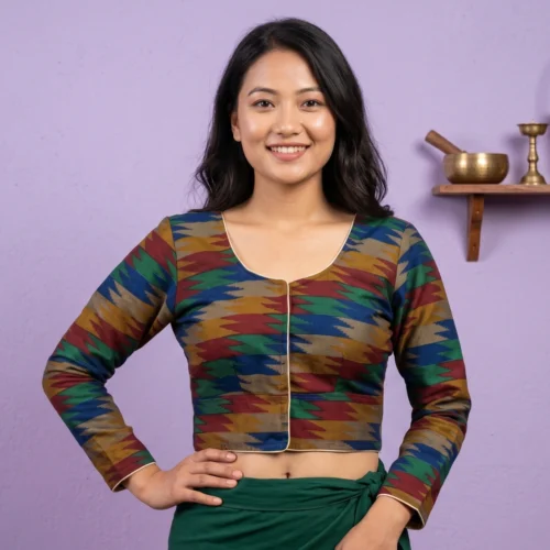 Woman wearing Multi Subba Limbu cotton handloom print blouse front view