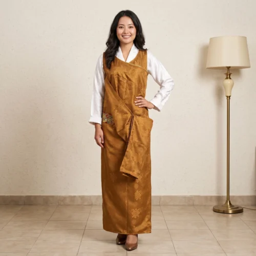 Woman wearing Mustard jacquard Lepcha Gada wrap dress full body front view