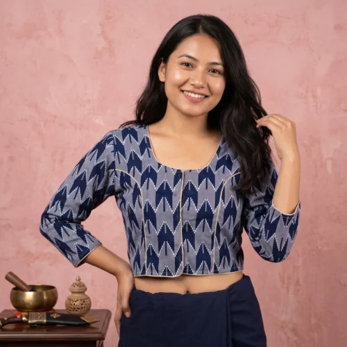 Woman wearing Navy Subba Limbu cotton handloom print blouse front view
