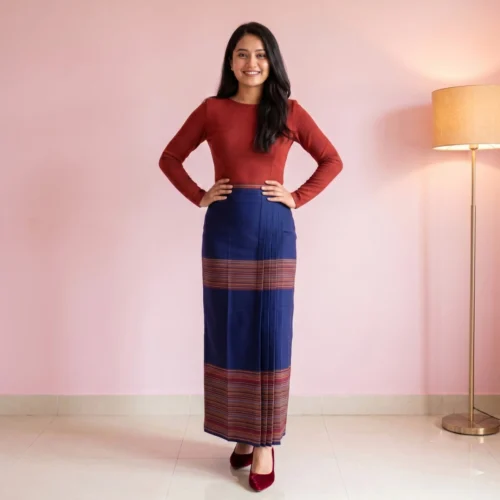 Woman wearing Navy cotton striped Tamang wrapper Phariya skirt full body front view