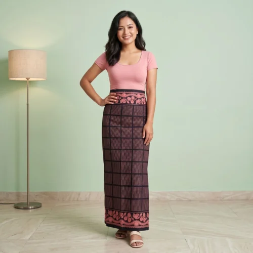 Woman wearing Pink Gurung Pharia wrap skirt cotton checks full body front