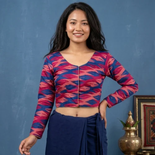 Woman wearing Pink Subba Limbu cotton handloom print blouse front view