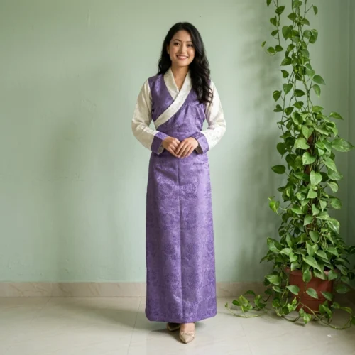 Woman wearing Purple One Piece Bakhu dress with attached Wonju full body front view