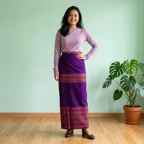 Woman wearing Purple cotton striped Tamang wrapper Phariya skirt full body front view
