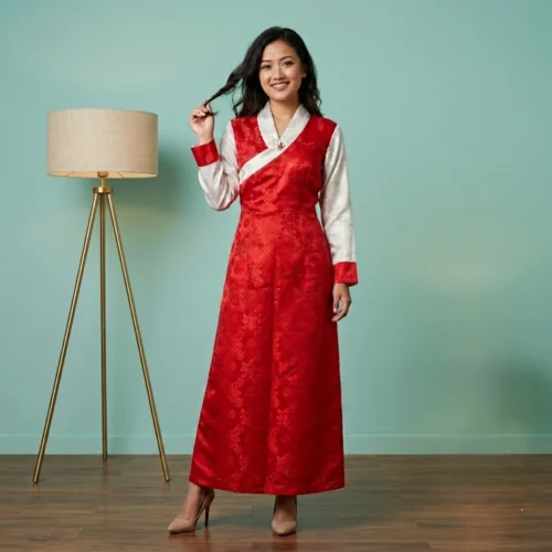 Woman wearing Red One Piece Bakhu dress with attached Wonju full body front view