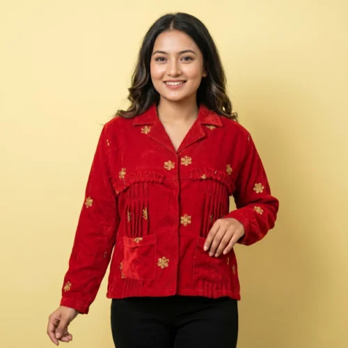 Woman wearing Scarlet velvet Rai Cholo with handcrafted gold motifs full body front view