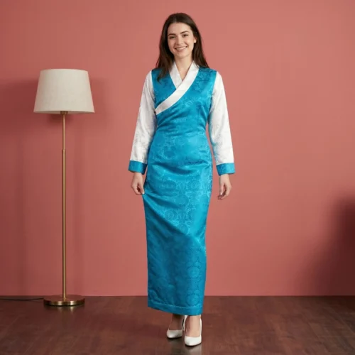 Woman wearing Sea blue One Piece Bakhu dress with attached Wonju full body front view