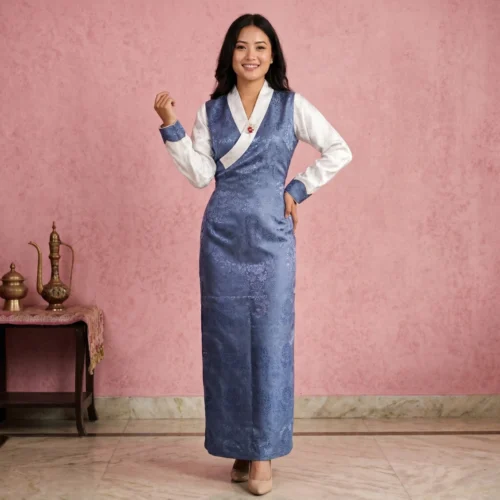 Woman wearing Steel blue One Piece Bakhu dress with attached Wonju full body front view