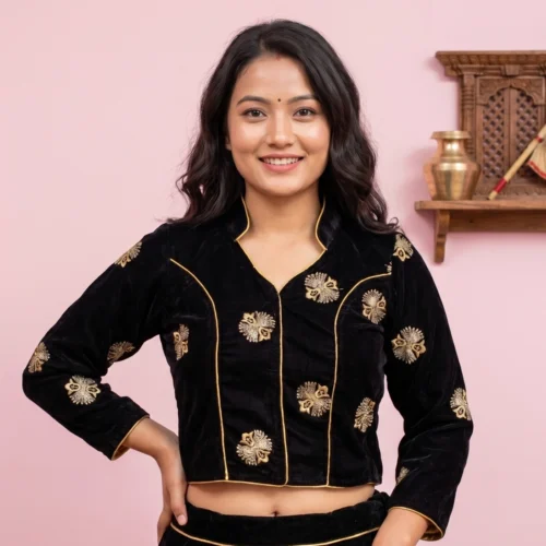 Woman wearing black embroidered velvet Mandarin collar blouse front view with gold piping