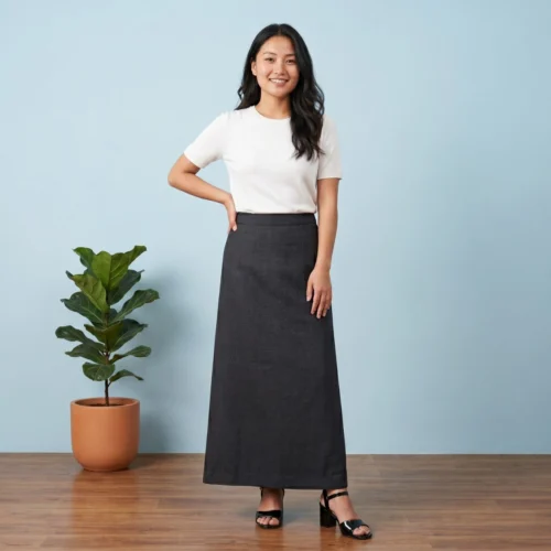 Woman wearing charcoal suiting Half Bakhu skirt full body