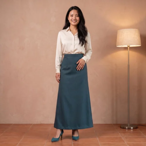 Woman wearing dark teal suiting Half Bakhu skirt full body