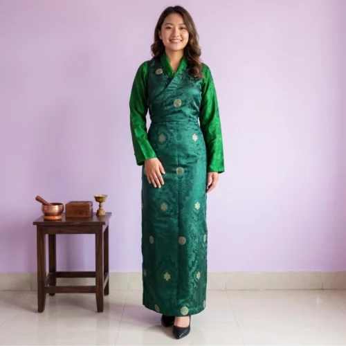 Woman wearing forest green bakhu with dark green honju front view full length