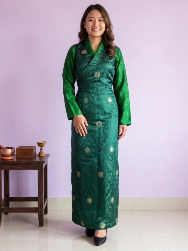Woman wearing forest green bakhu with dark green honju front view full length